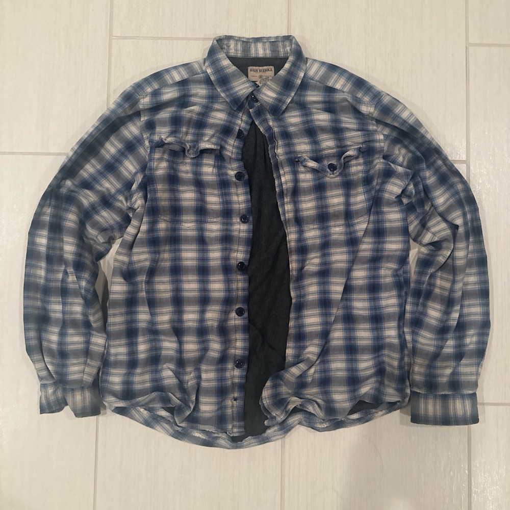 Vintage medium blue and white comfy button-up cotton flannel